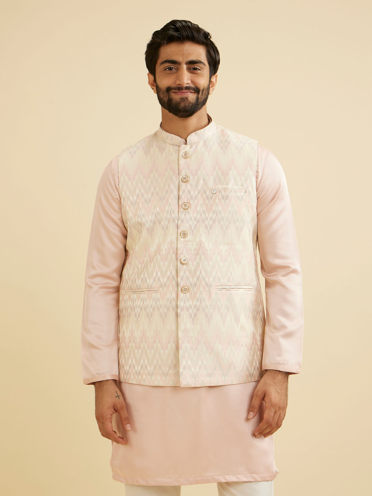 Manyavar Men Soft Pink Chevron Patterned Jacket image number 0