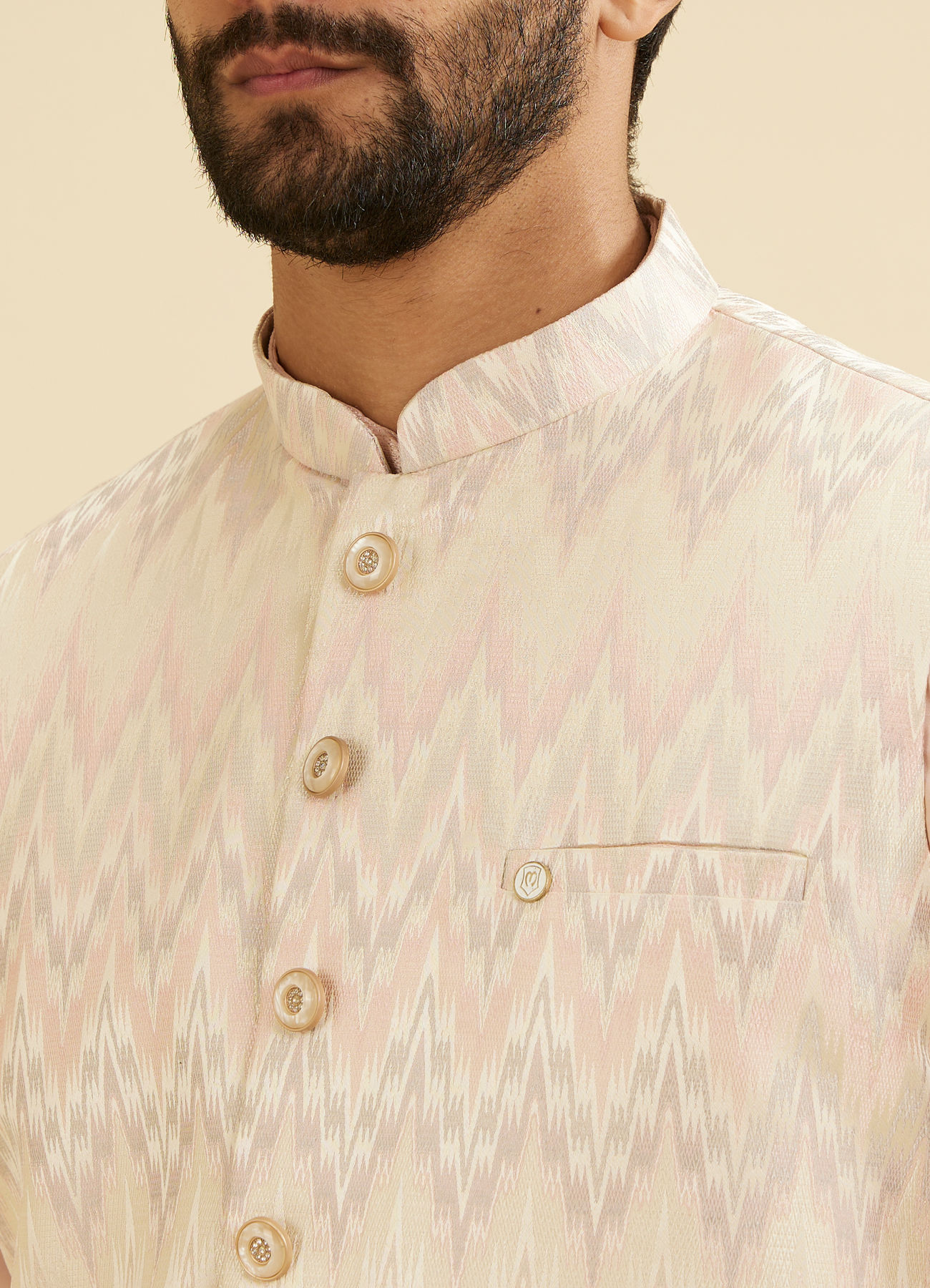 Manyavar Men Soft Pink Chevron Patterned Jacket