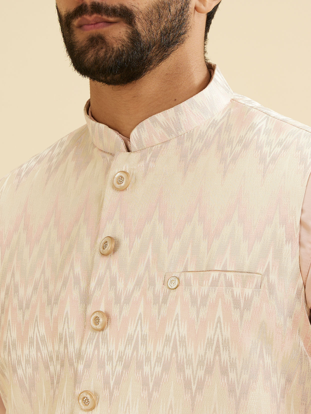 Manyavar Men Soft Pink Chevron Patterned Jacket image number 1