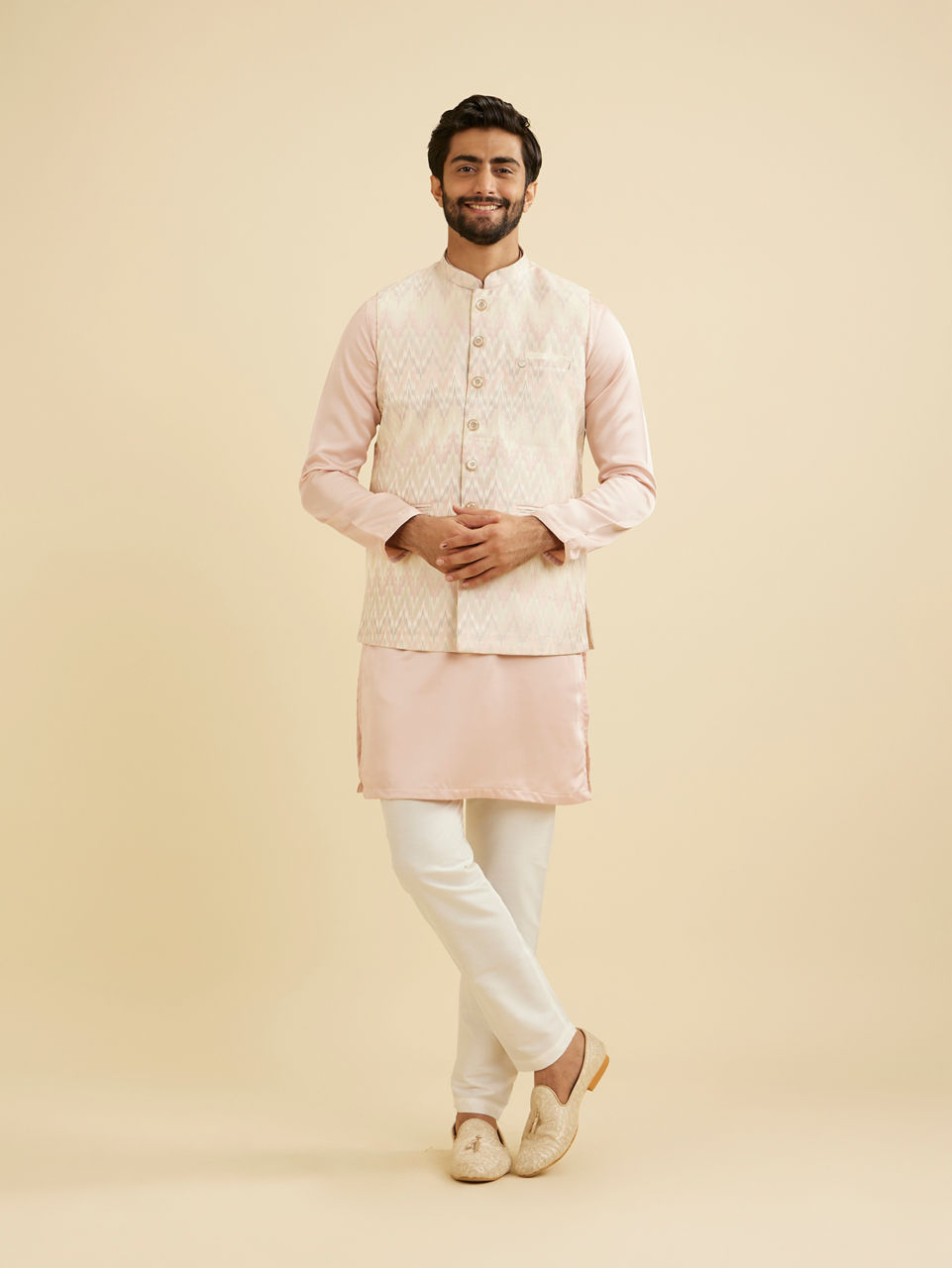 Manyavar Men Soft Pink Chevron Patterned Jacket