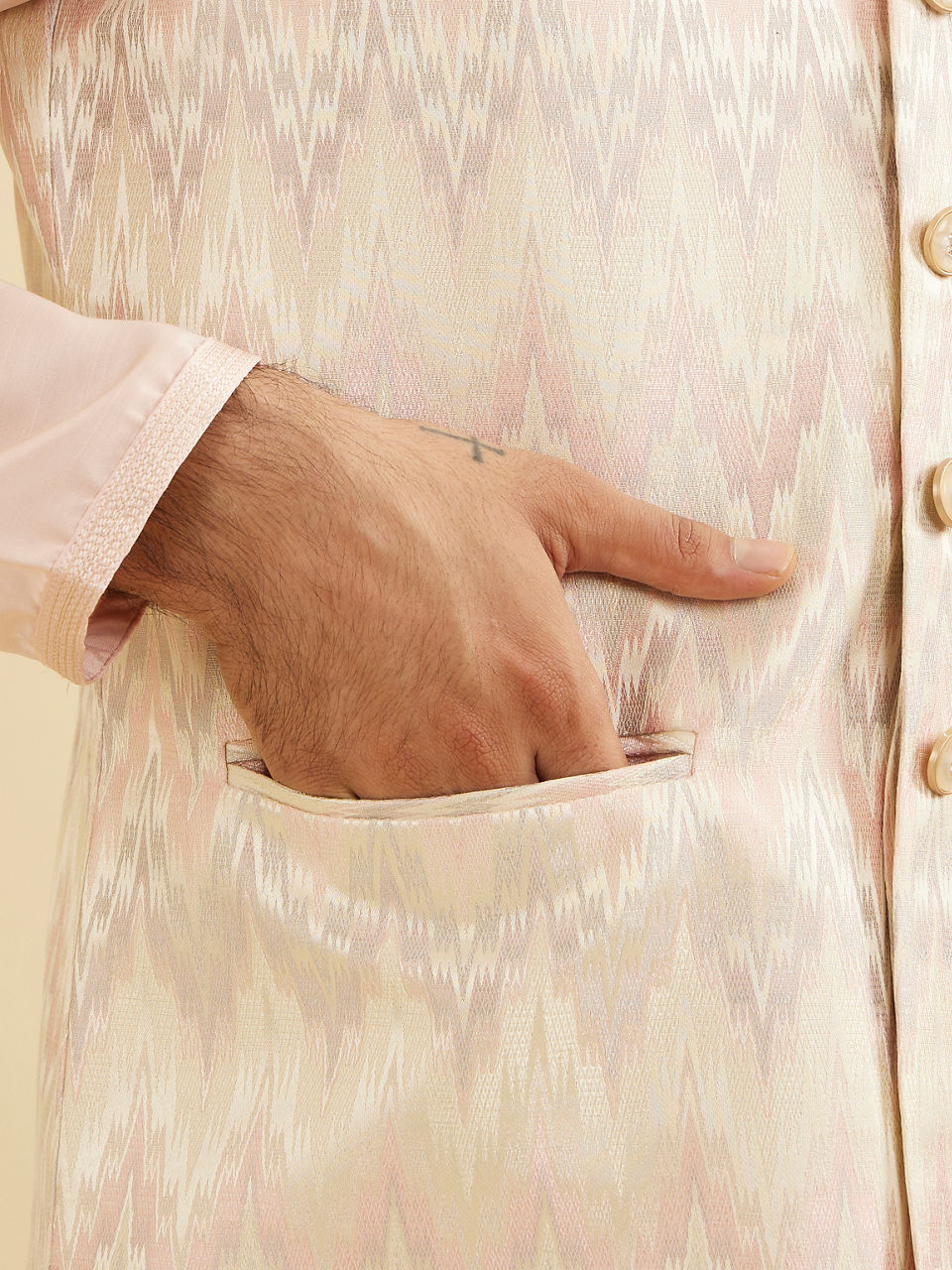 Manyavar Men Soft Pink Chevron Patterned Jacket