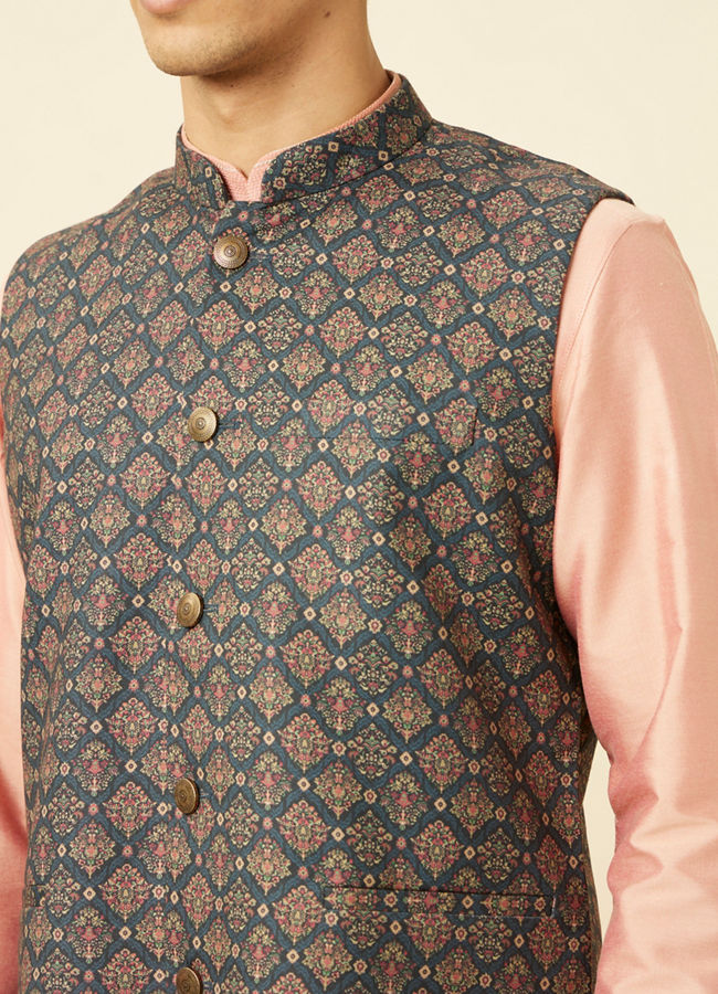 alt message - Manyavar Men Violet Blue Medallion Patterned Jacket image number 1