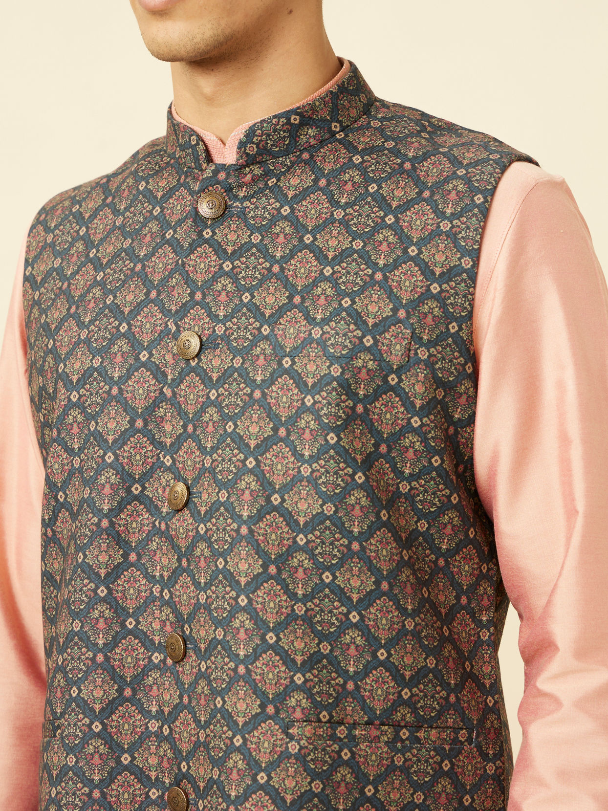 alt message - Manyavar Men Violet Blue Medallion Patterned Jacket image number 1