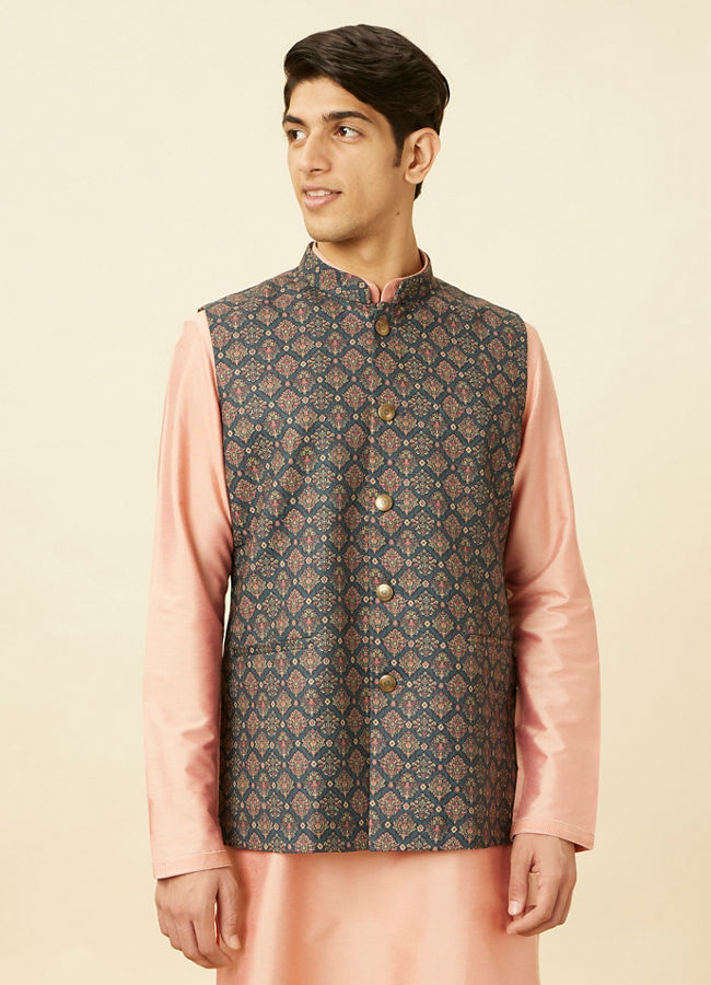 Manyavar Men Violet Blue Medallion Patterned Jacket
