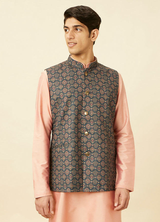 alt message - Manyavar Men Violet Blue Medallion Patterned Jacket image number 0