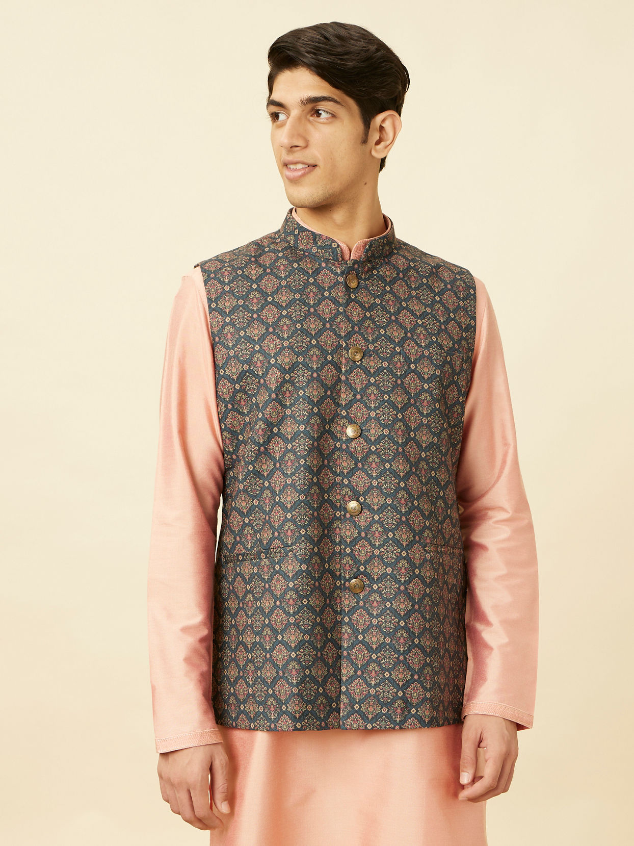 alt message - Manyavar Men Violet Blue Medallion Patterned Jacket image number 0