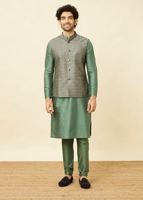 Manyavar Men Shadow Green Medallion Patterned Jacket image number 2