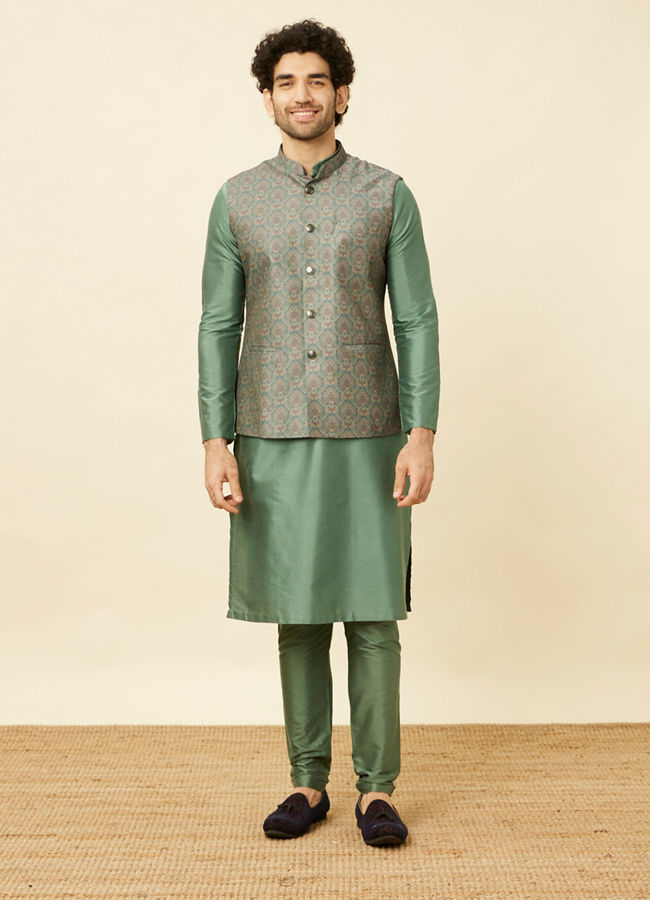 alt message - Manyavar Men Shadow Green Medallion Patterned Jacket image number 2