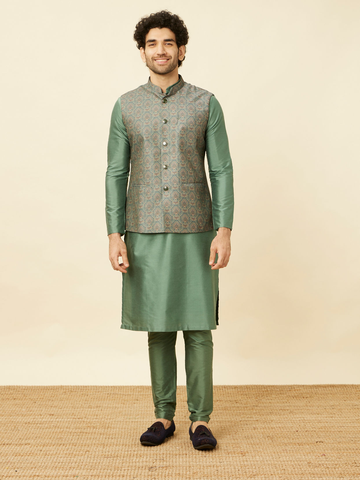 alt message - Manyavar Men Shadow Green Medallion Patterned Jacket image number 2