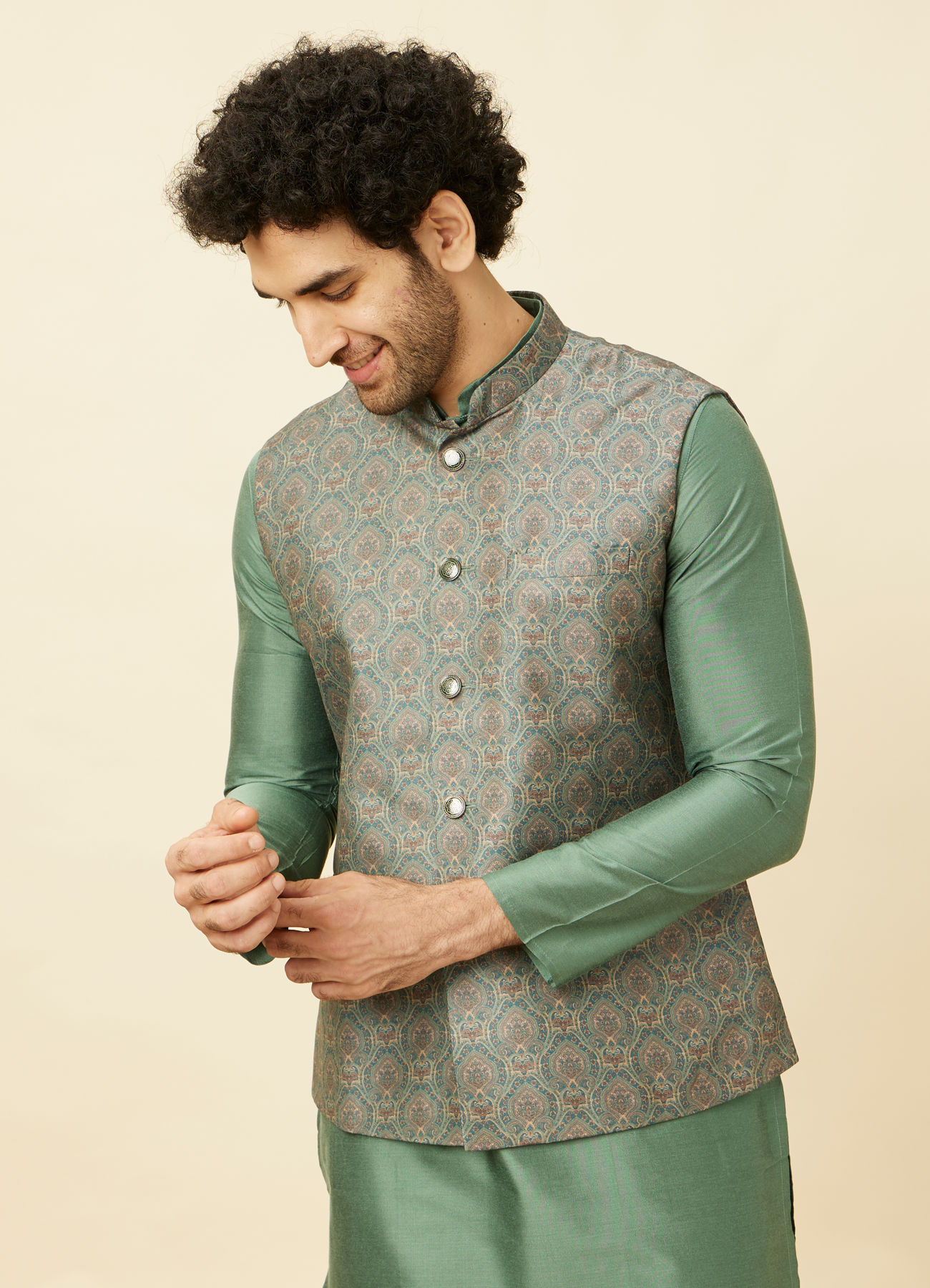 Manyavar Men Shadow Green Medallion Patterned Jacket