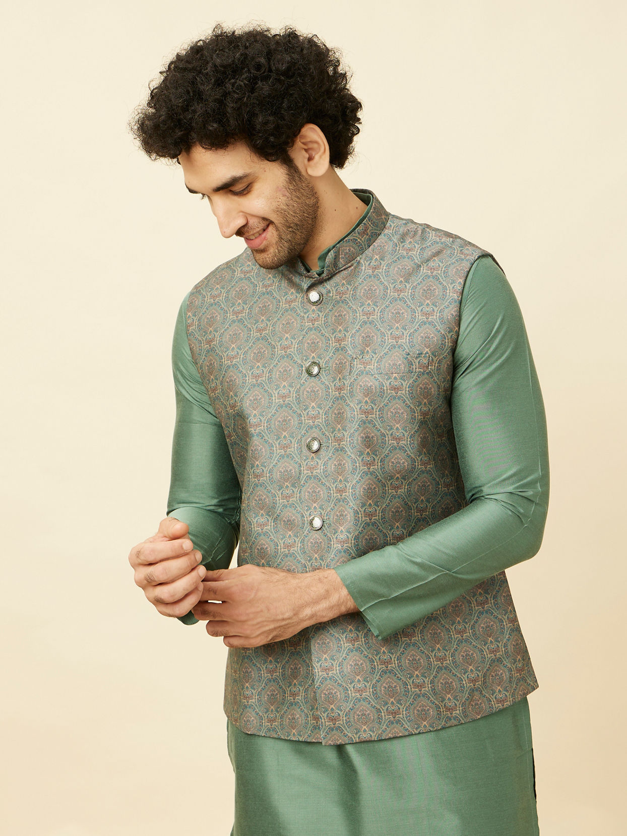 alt message - Manyavar Men Shadow Green Medallion Patterned Jacket image number 0