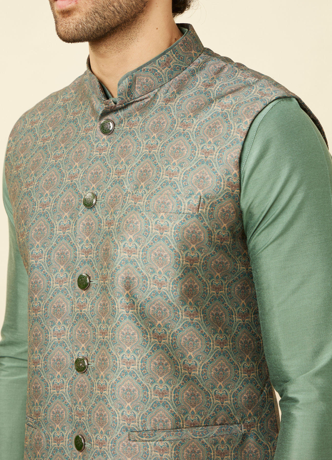 Manyavar Men Shadow Green Medallion Patterned Jacket