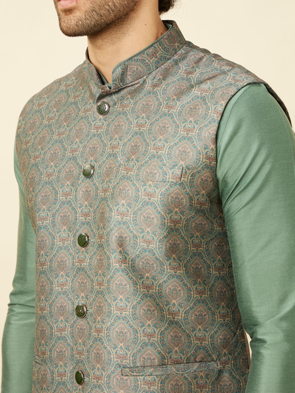 alt message - Manyavar Men Shadow Green Medallion Patterned Jacket image number 1