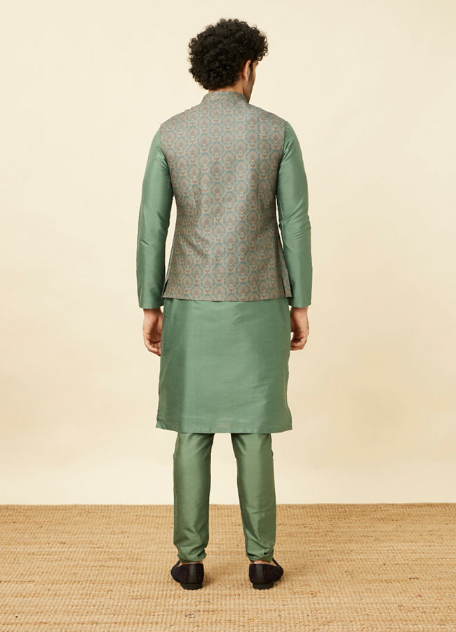 alt message - Manyavar Men Shadow Green Medallion Patterned Jacket image number 3