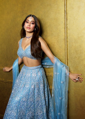 alt message - Mohey Women Ethereal Blue Net Lehenga image number 0