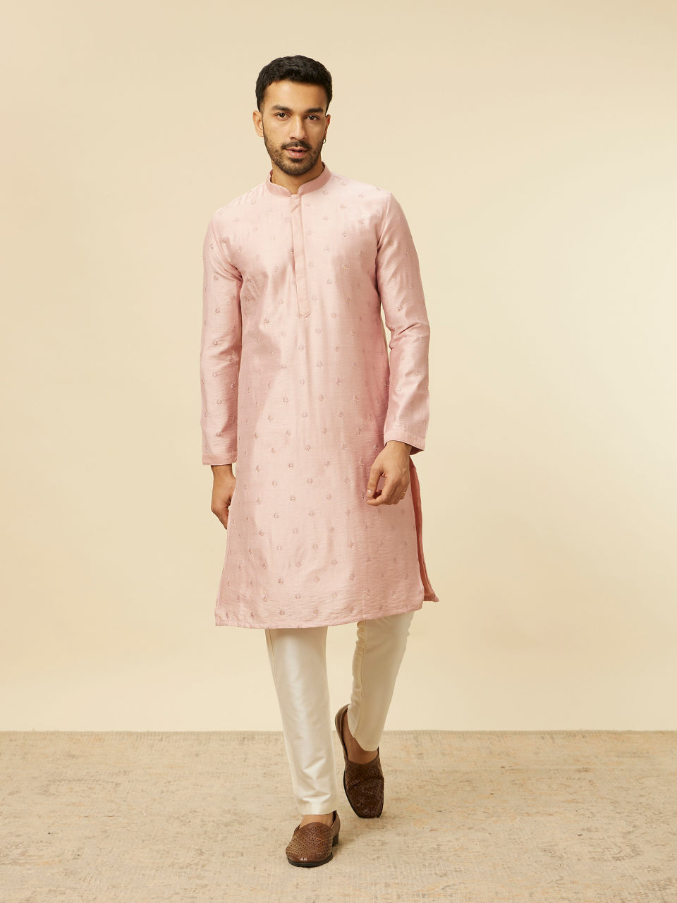 Manyavar Men Dusty Pink Self Patterned Jacket Set