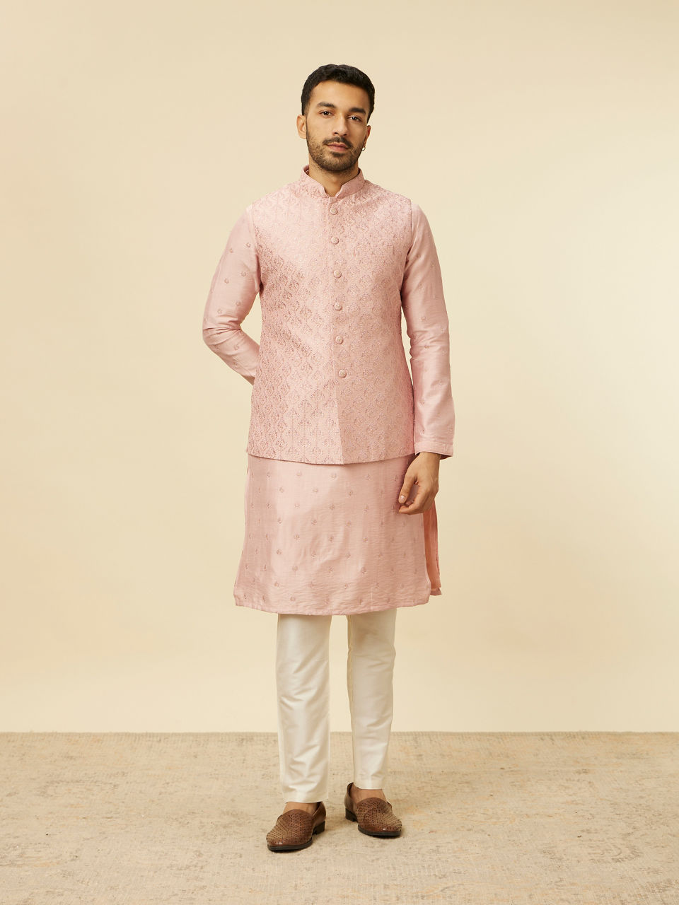 Manyavar Men Dusty Pink Self Patterned Jacket Set