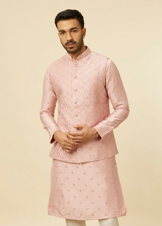 Manyavar Men Dusty Pink Self Patterned Jacket Set