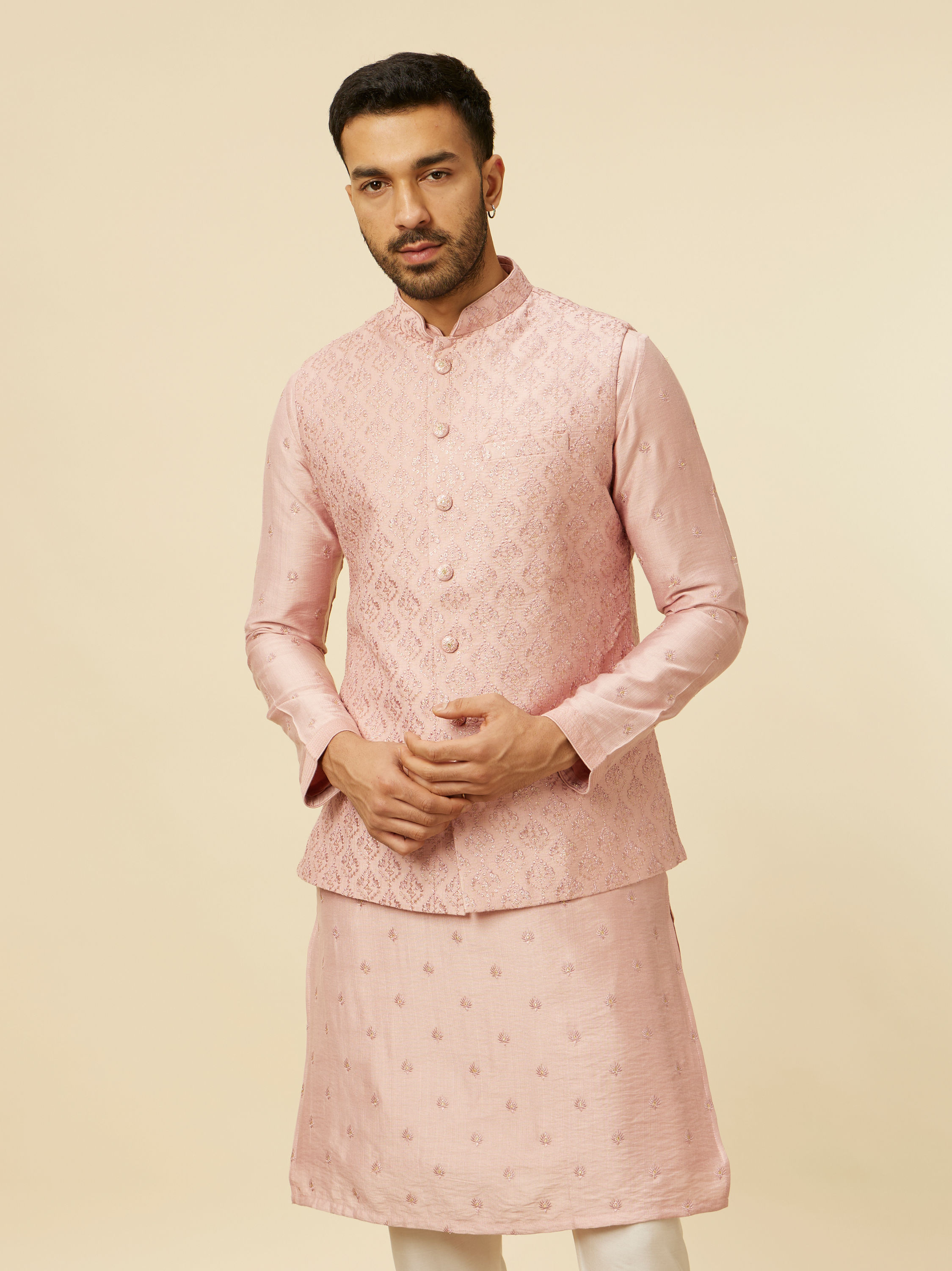 Manyavar Men Dusty Pink Self Patterned Jacket Set