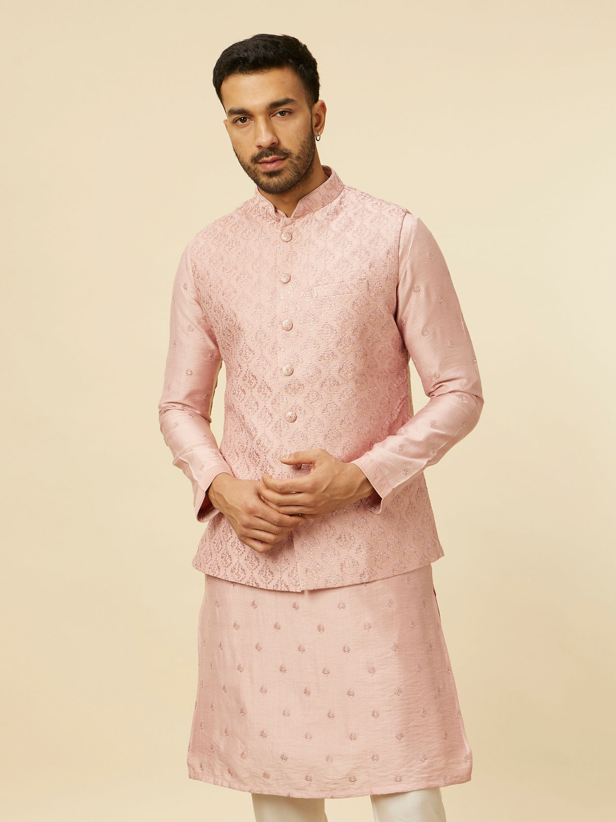 alt message - Manyavar Men Dusty Pink Self Patterned Jacket Set image number 0