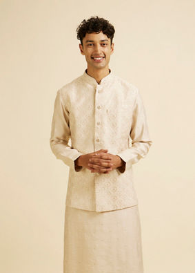 alt message - Manyavar Men Beige Sequin Embroidered Kurta Jacket Set image number 0