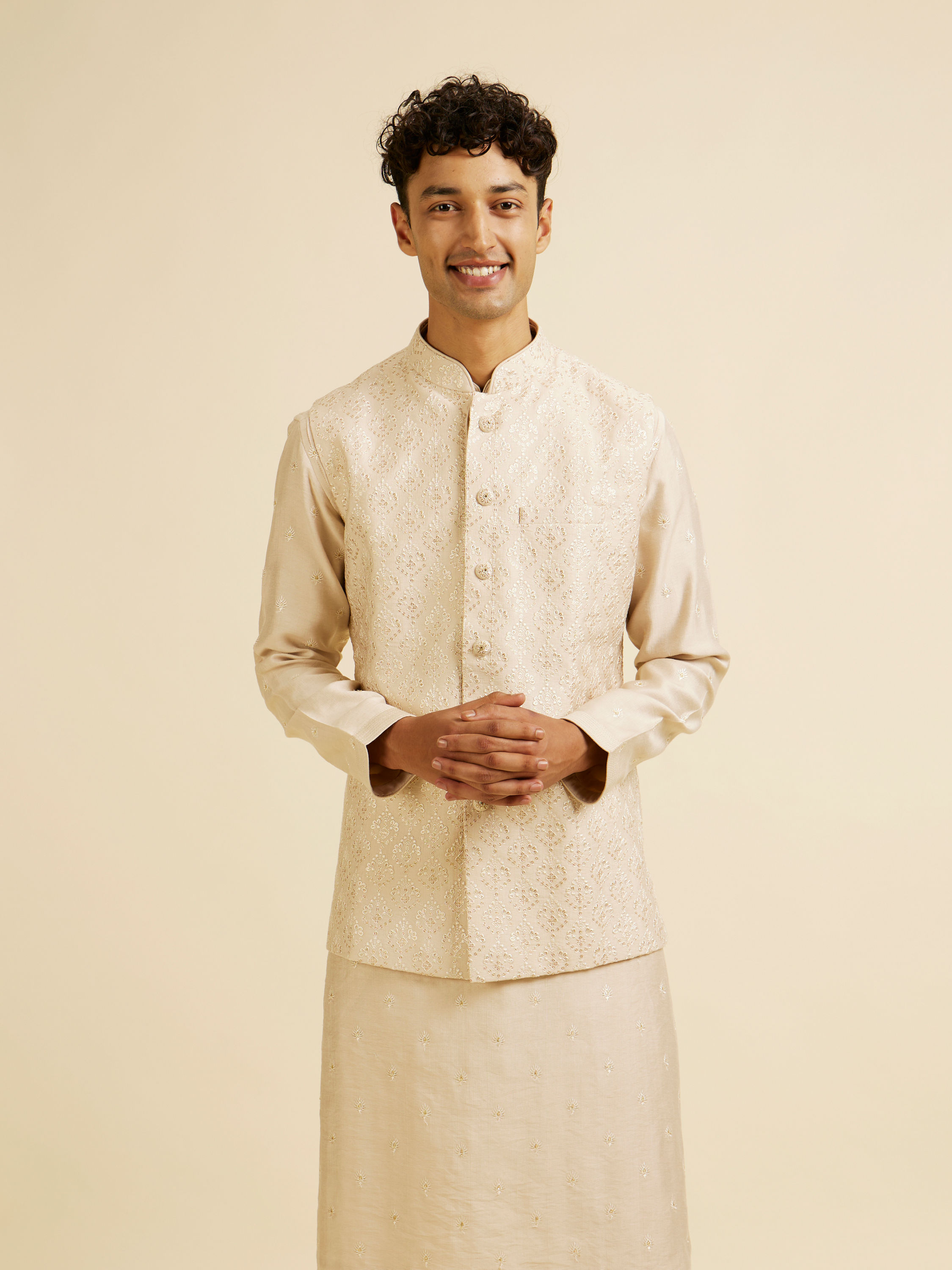 Manyavar Men Beige Sequin Embroidered Kurta Jacket Set