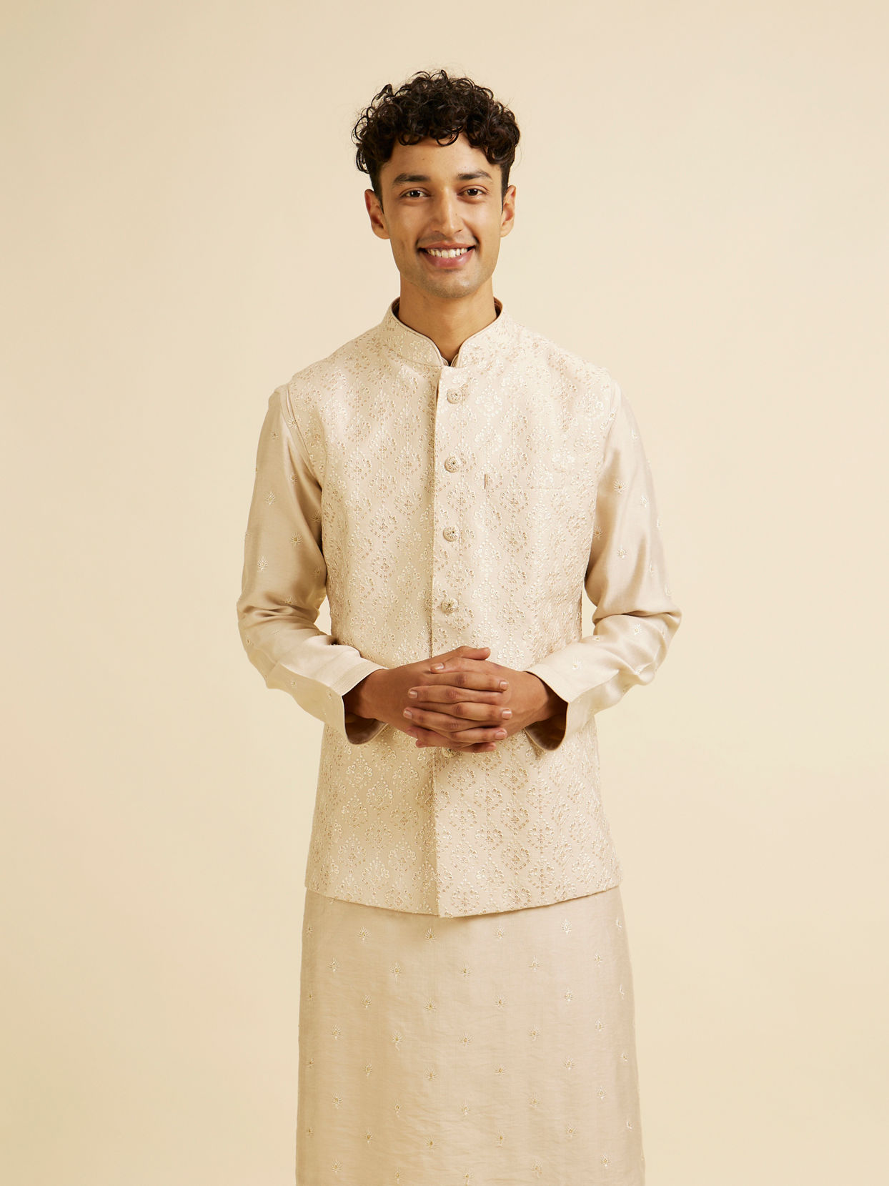 alt message - Manyavar Men Beige Sequin Embroidered Kurta Jacket Set image number 0