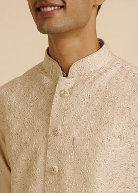 alt message - Manyavar Men Beige Sequin Embroidered Kurta Jacket Set image number 1