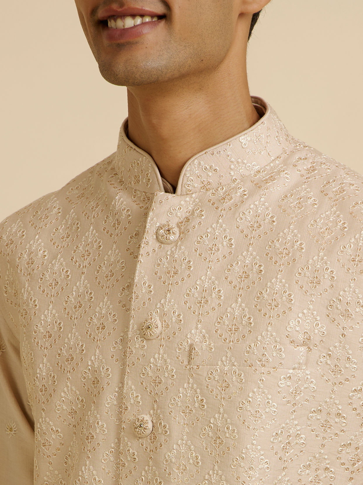 alt message - Manyavar Men Beige Sequin Embroidered Kurta Jacket Set image number 1