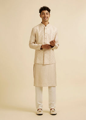 alt message - Manyavar Men Beige Sequin Embroidered Kurta Jacket Set image number 2