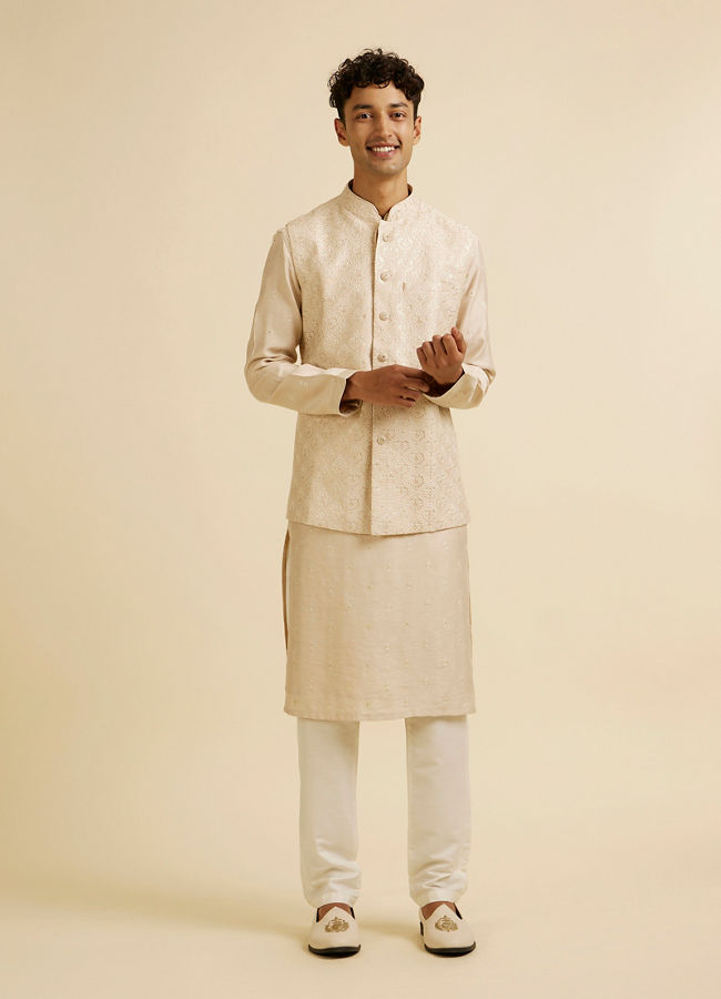 Manyavar Men Beige Sequin Embroidered Kurta Jacket Set