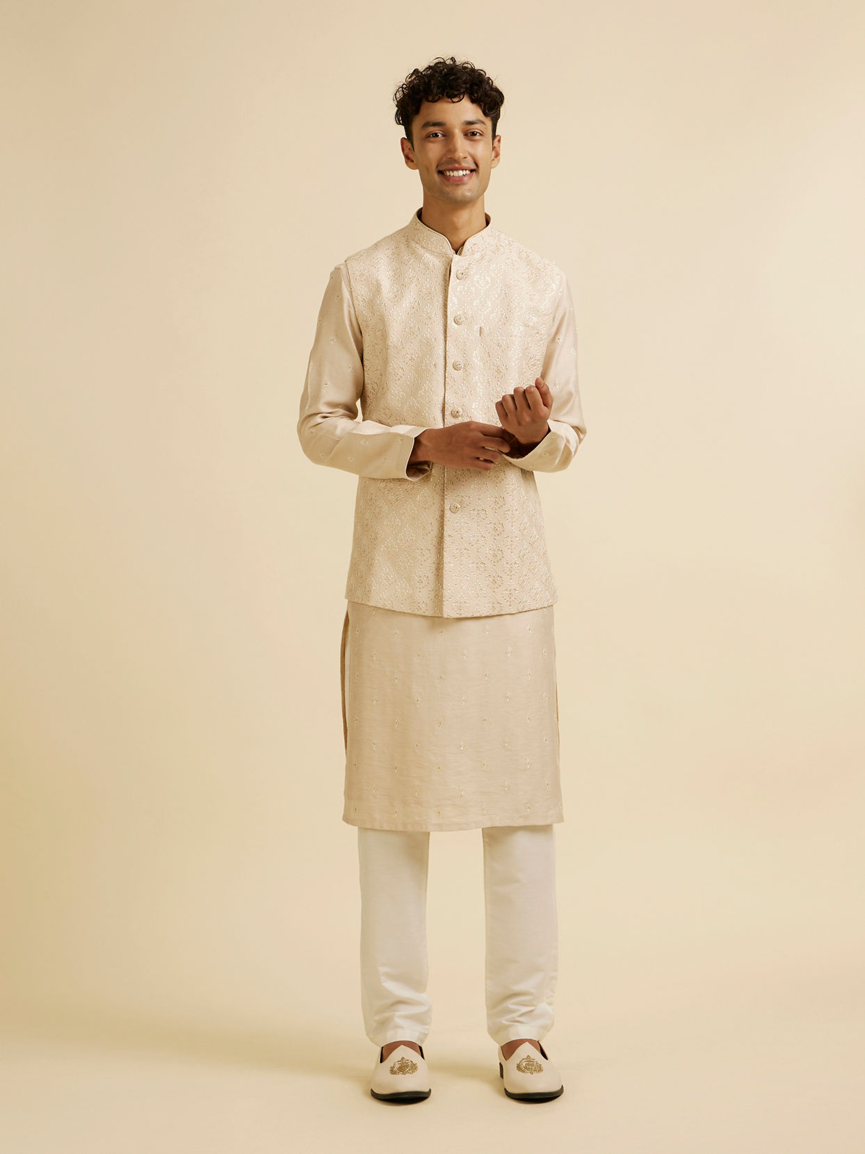 alt message - Manyavar Men Beige Sequin Embroidered Kurta Jacket Set image number 2