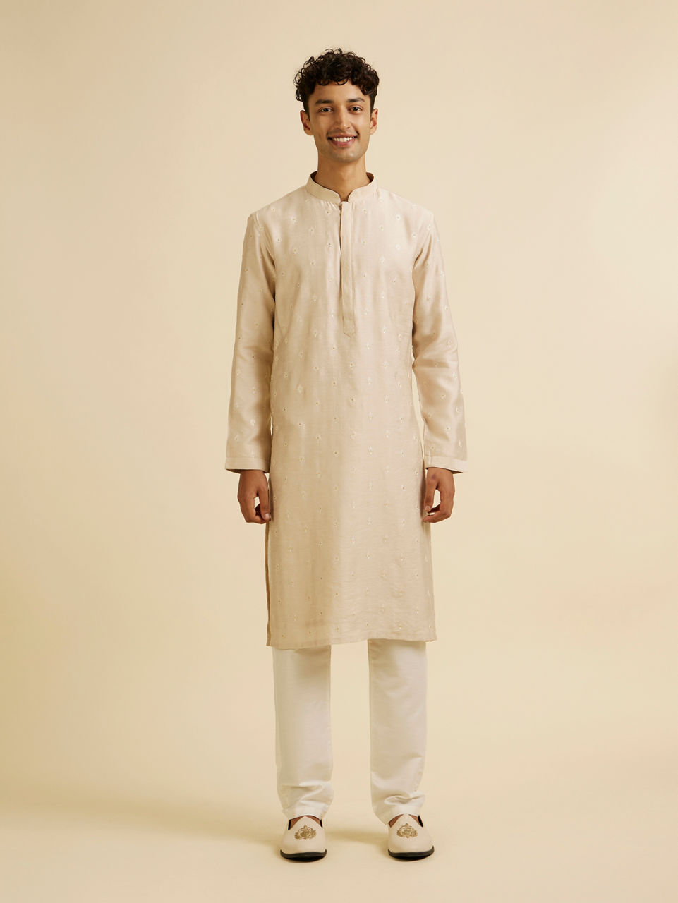 Manyavar Men Beige Sequin Embroidered Kurta Jacket Set