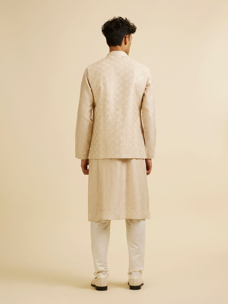 Manyavar Men Beige Sequin Embroidered Kurta Jacket Set