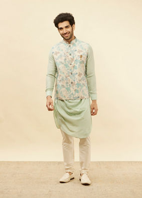 alt message - Manyavar Men Light Beige Floral Printed Kurta Jacket Set image number 2