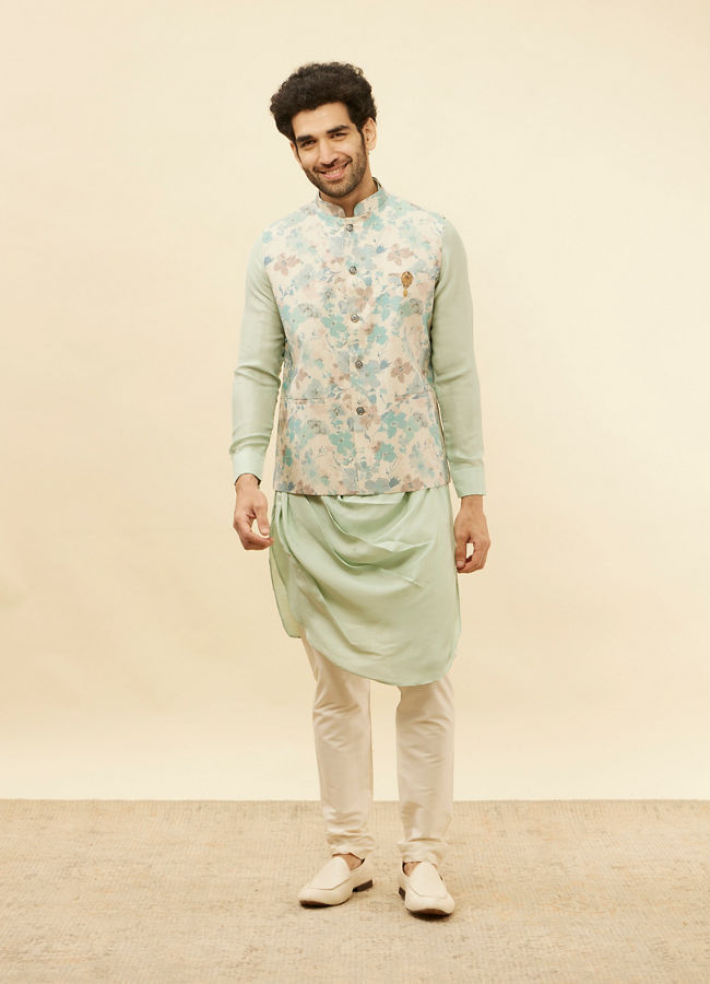 alt message - Manyavar Men Light Beige Floral Printed Kurta Jacket Set image number 2