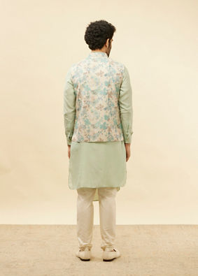 alt message - Manyavar Men Light Beige Floral Printed Kurta Jacket Set image number 3