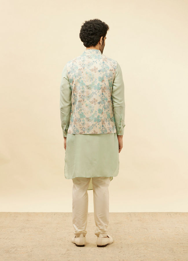 alt message - Manyavar Men Light Beige Floral Printed Kurta Jacket Set image number 3