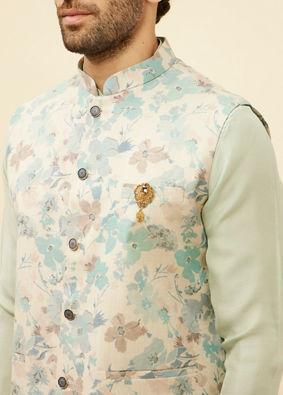 alt message - Manyavar Men Light Beige Floral Printed Kurta Jacket Set image number 1