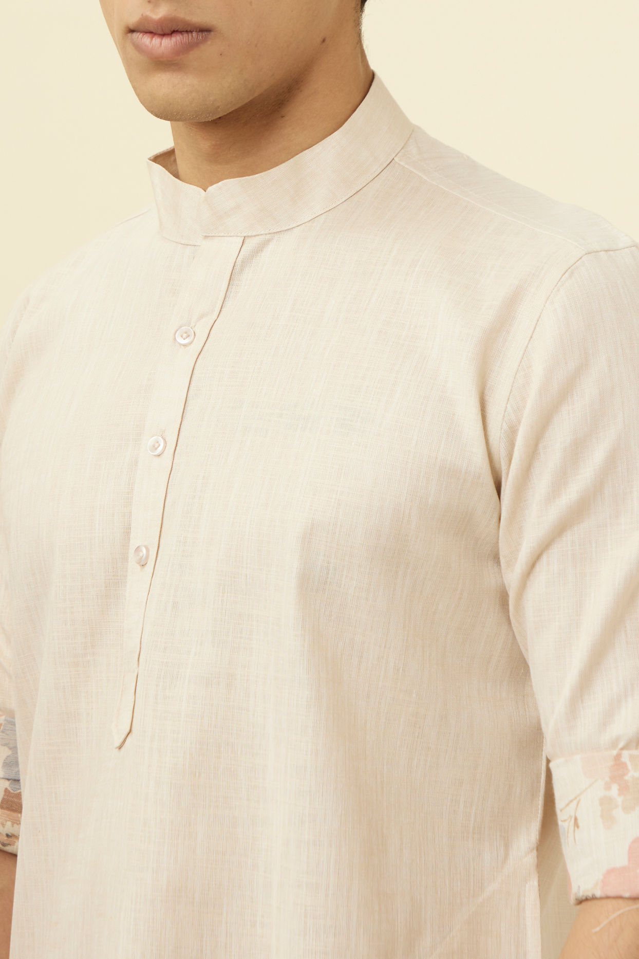 Manyavar Men Antique White Floral Printed Jacket Set