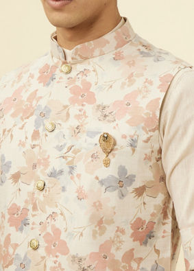 Manyavar Men Antique White Floral Printed Jacket Set
