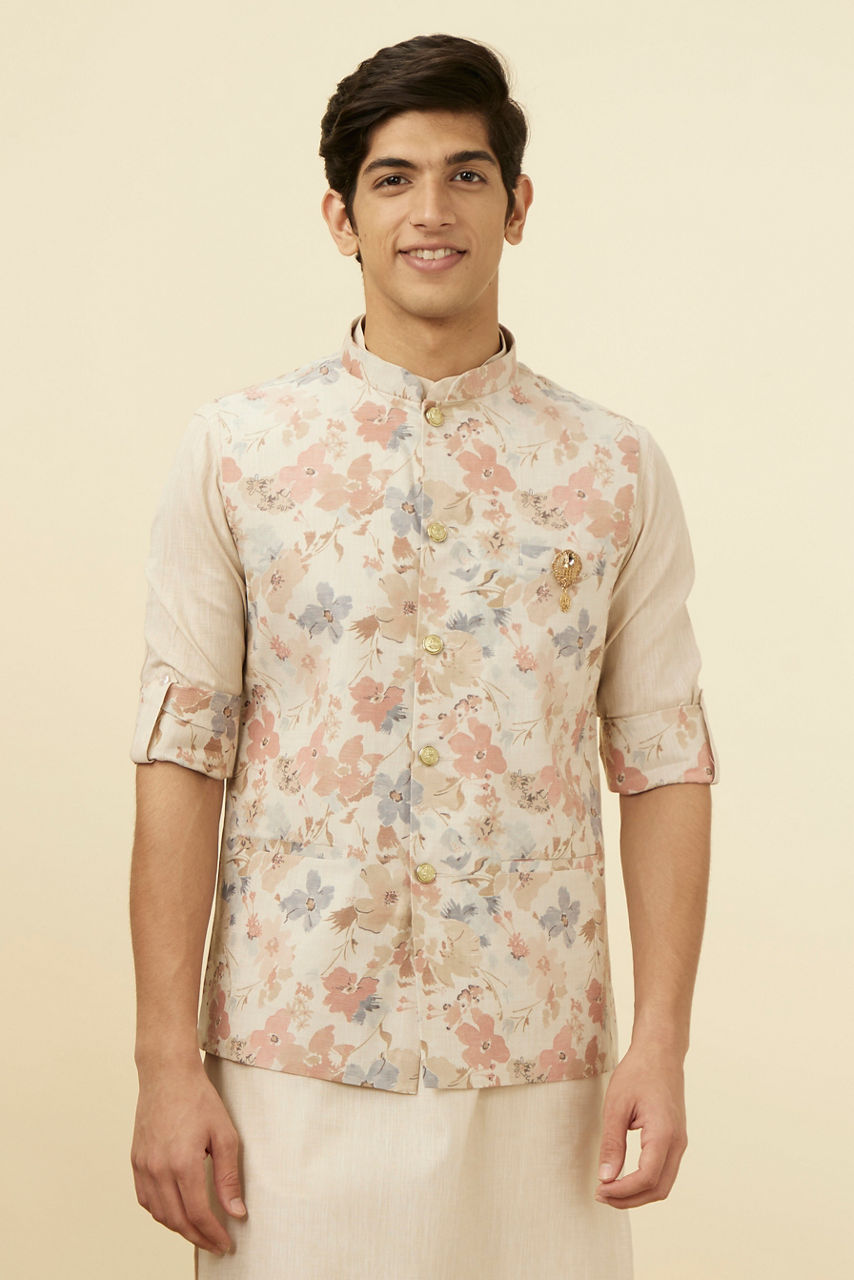 Manyavar Men Antique White Floral Printed Jacket Set