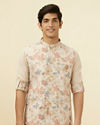 alt message - Manyavar Men Antique White Floral Printed Jacket Set image number 0