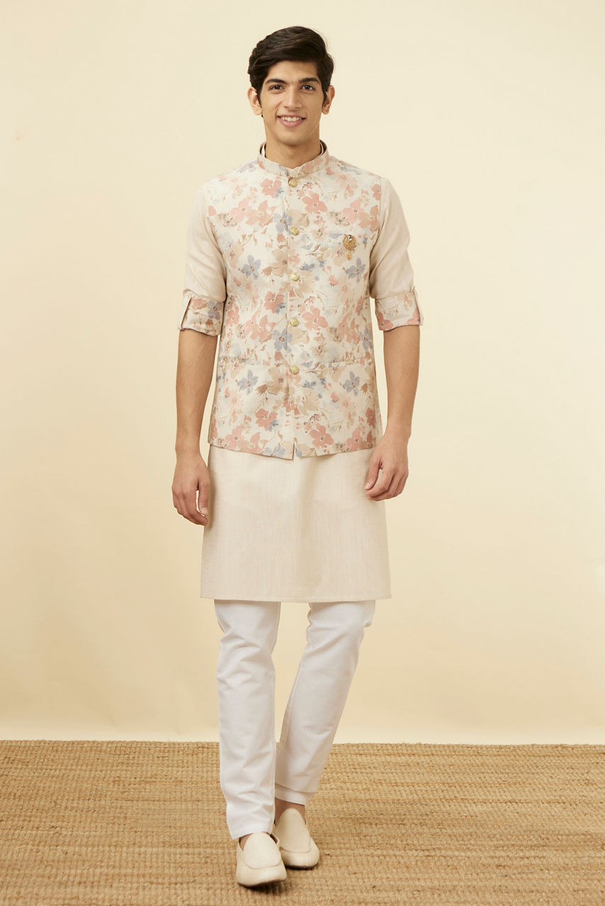 Manyavar Men Antique White Floral Printed Jacket Set