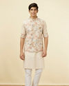 Manyavar Men Antique White Floral Printed Jacket Set