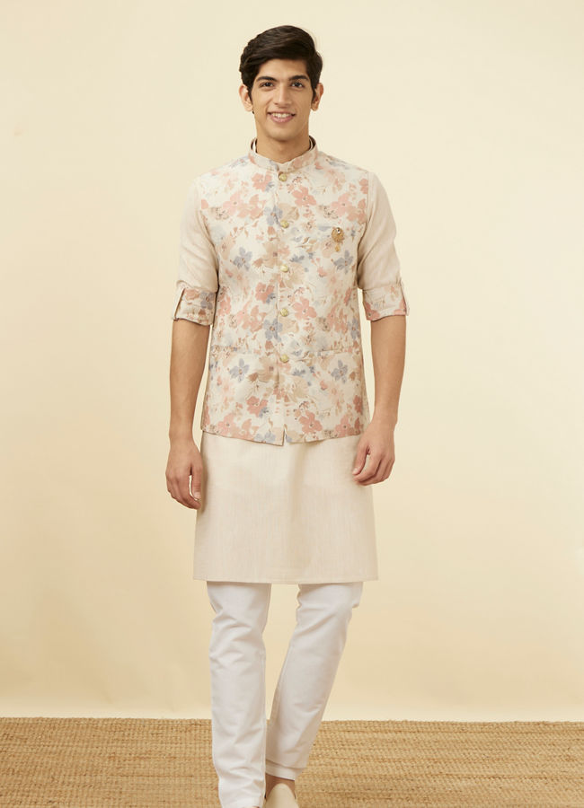 Manyavar Men Antique White Floral Printed Jacket Set