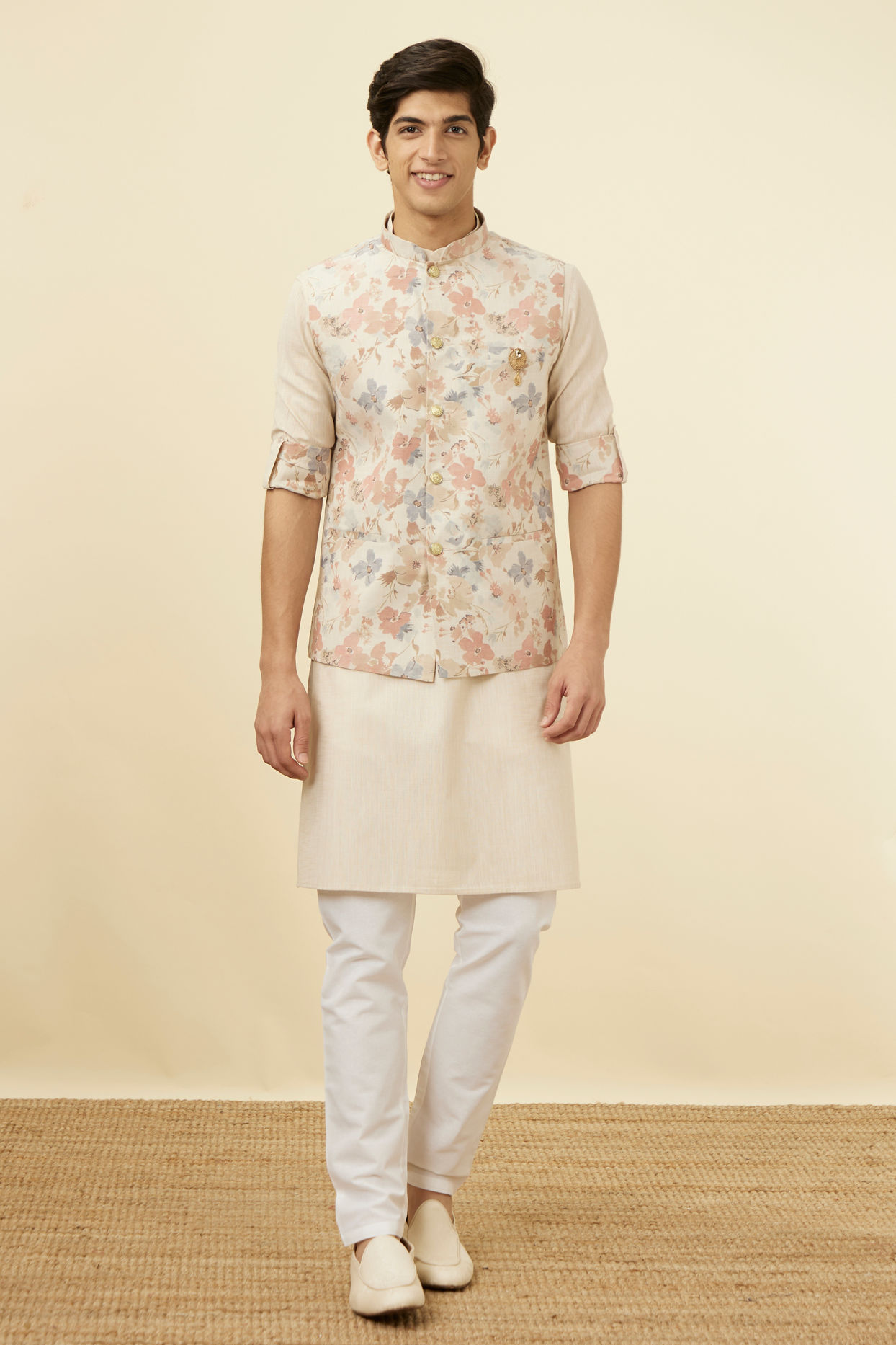 alt message - Manyavar Men Antique White Floral Printed Jacket Set image number 3