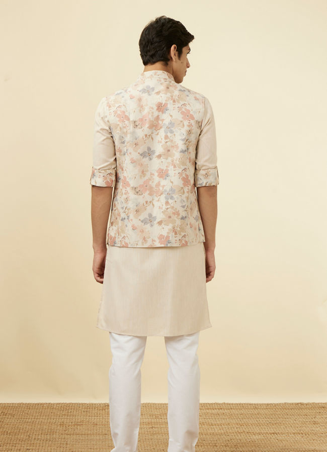 Manyavar Men Antique White Floral Printed Jacket Set