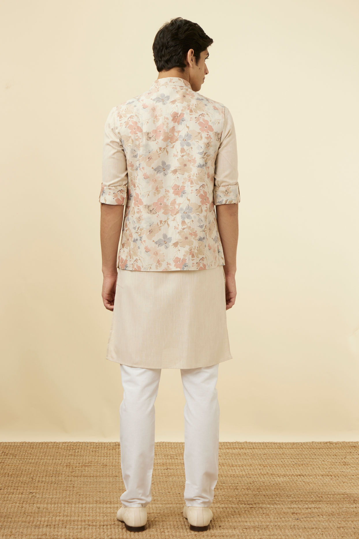 alt message - Manyavar Men Antique White Floral Printed Jacket Set image number 4