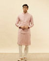 alt message - Manyavar Men Lemonade Pink Floral Buta Patterned Kurta Jacket Set image number 3